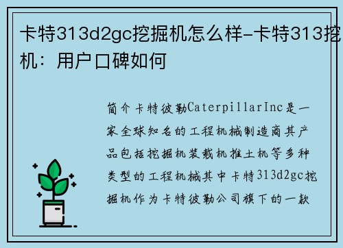 卡特313d2gc挖掘机怎么样-卡特313挖机：用户口碑如何